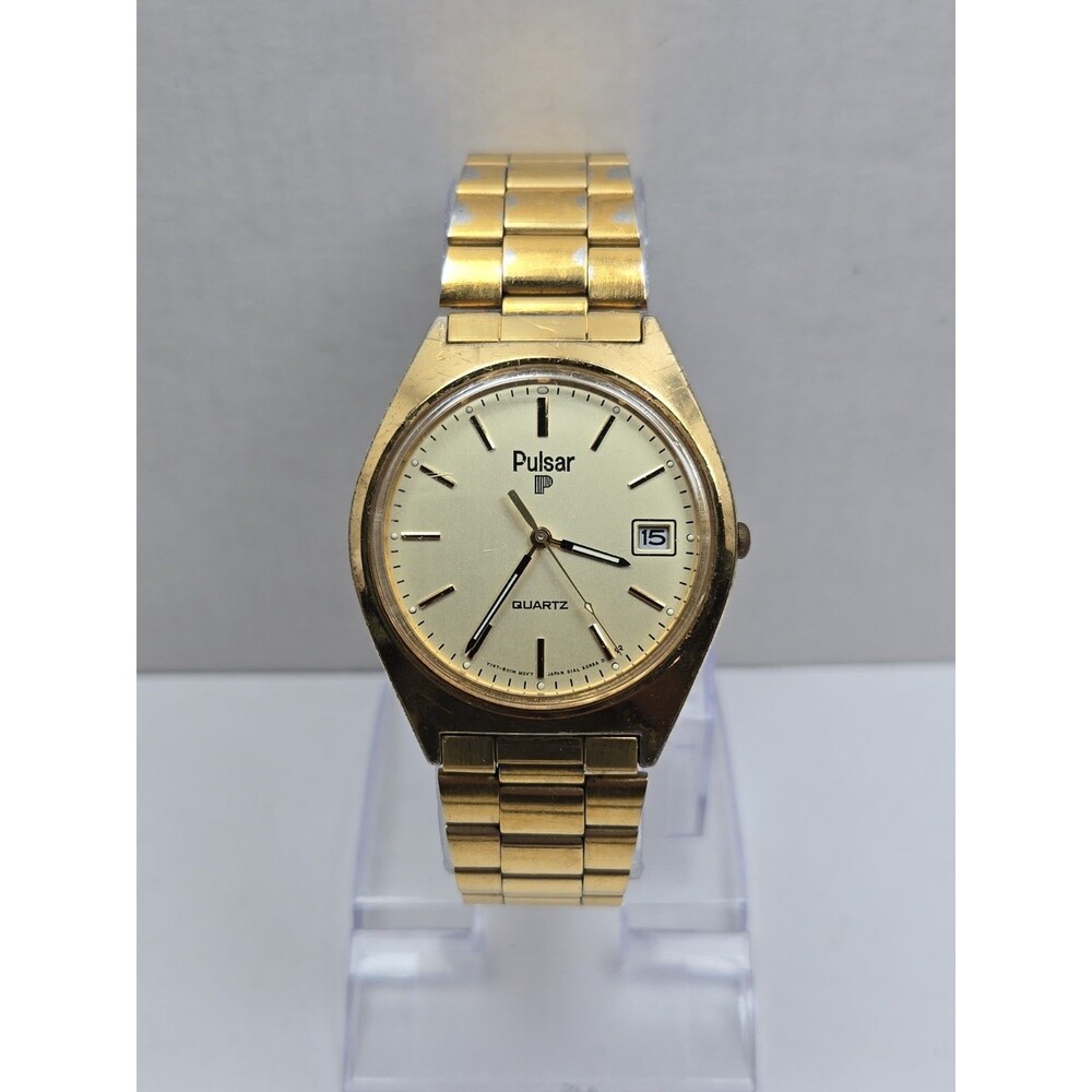 Vintage Pulsar by Seiko Y147 8049 Mens Gold Tone Date Quartz Watch New Battery